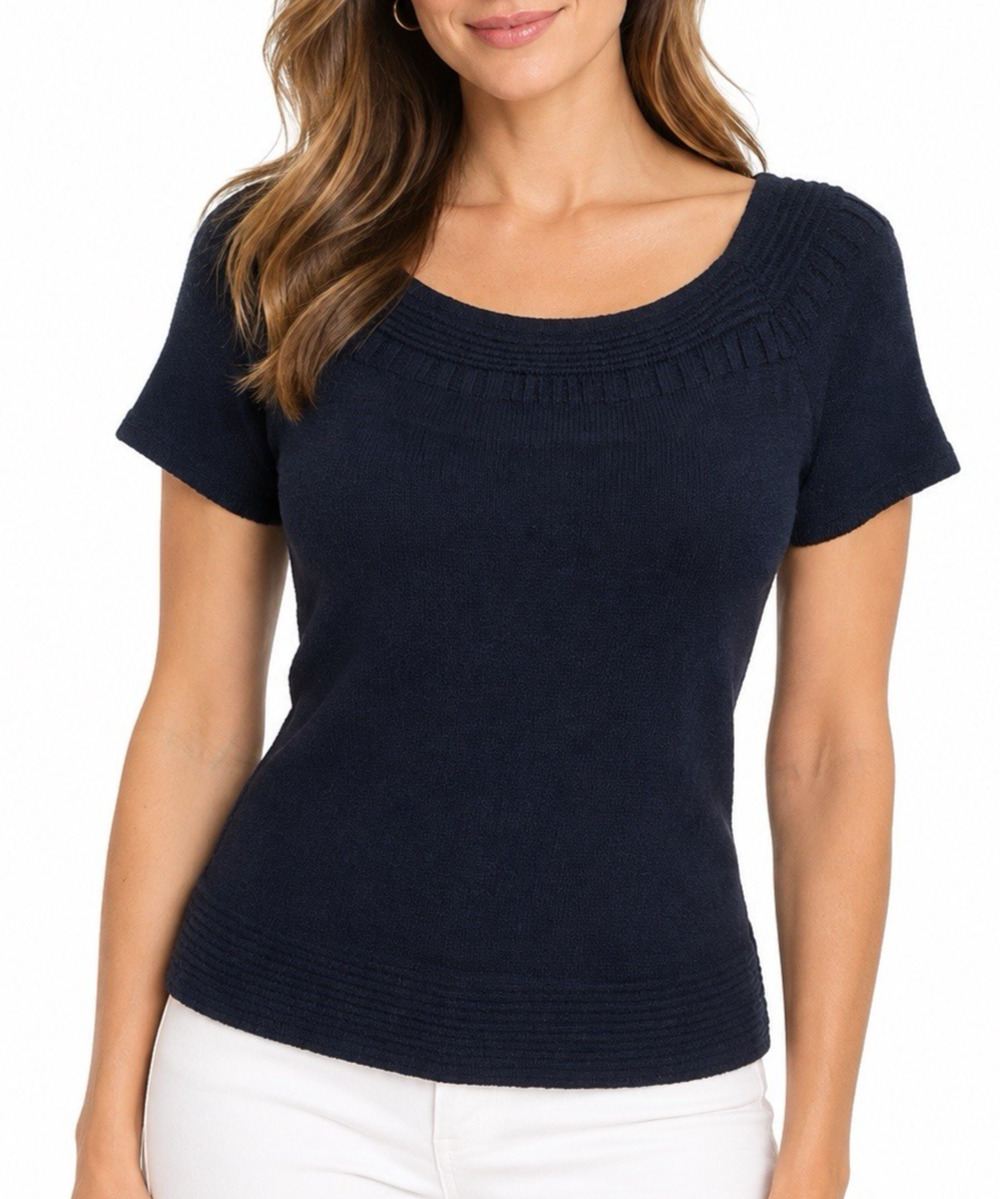 St John Collection Knit Top Blouse Black Short Sleeve Round Neck Ribbed Trim S